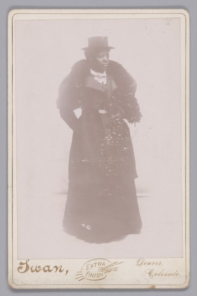 Cabinet card of an unidentified woman wearing a top hat and a fur stole, ca. 1895. Creator: Justus C. Swan.