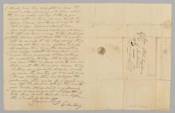 Letter to M. C. Taylor from T. Heatherly regarding the slave trade, December 28, 1840. Creator: T. Heatherly.