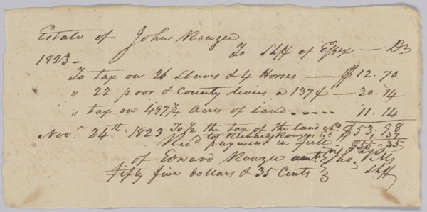 Record of taxes on property, including enslaved persons, owned by John Rouzee, November 24, 1823. Creator: Unknown.