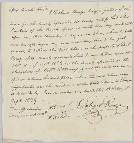 Payment receipt for apprehending Braxton, property of Edward Rouzee, September 16, 1829. Creator: Unknown.