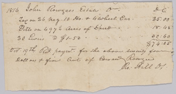 Record of taxes on property, including enslaved persons, owned by John Rouzee, October 19, 1816. Creator: Unknown.
