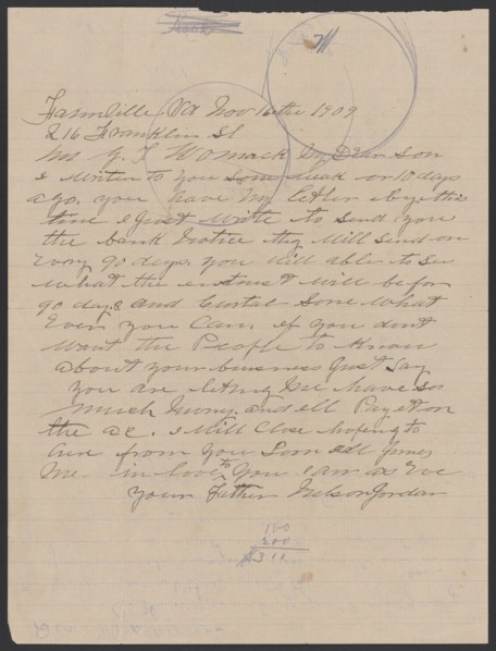 Letter from Nelson Jordan to Julia Womack with an envelope, November 16, 1909. Creator: Nelson Jordan.