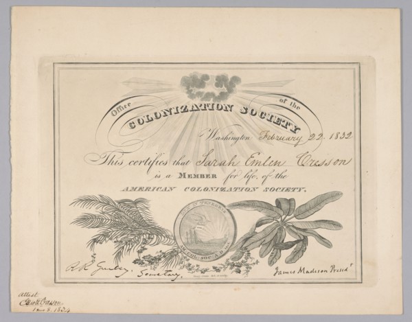 Membership certificate to the American Colonization Society, February 22, 1832. Creator: Unknown.