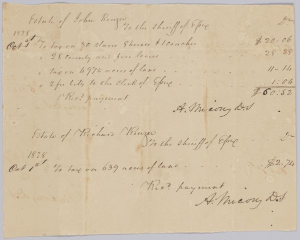 Record of taxable property, including enslaved persons, owned by Rouzee estates, October 1, 1828. Creator: Unknown.