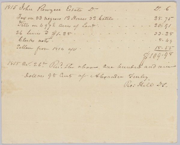 Record of taxes on property, including enslaved persons, owned by John Rouzee, October 26, 1815. Creator: Unknown.