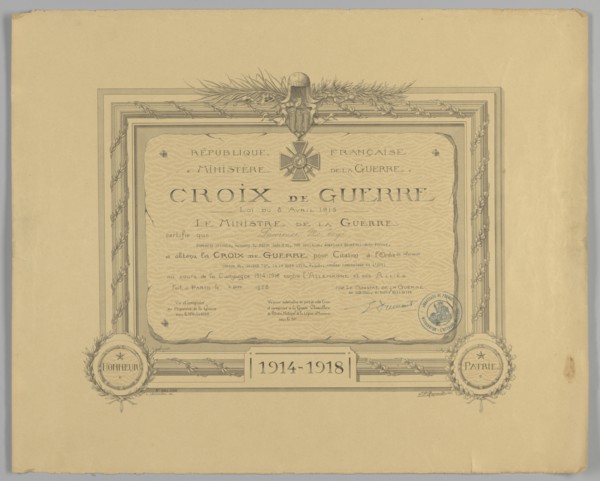 Certificate for French Croix de Guerre medal issued to Cpl. Lawrence L. McVey, March 2, 1928. Creator: Unknown.