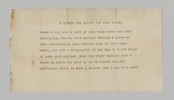 Typewritten formula for Poro hair rinse, 1915-1953    . Creator: Unknown.