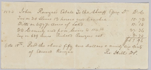 Record of taxes on property, including enslaved persons, owned by John Rouzee, October 10, 1834. Creator: Unknown.