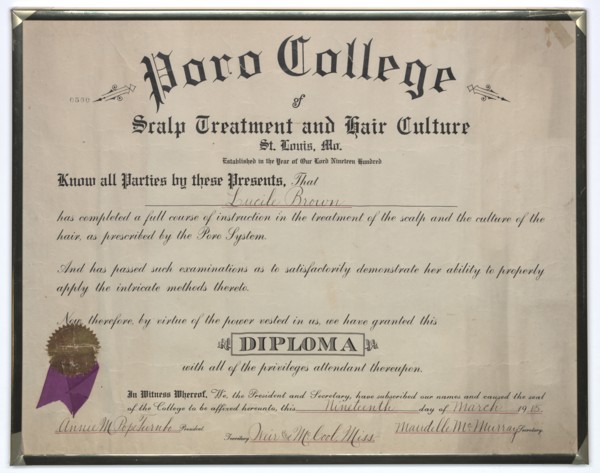 Diploma issued to Lucille Brown from Poro College, March 19, 1915. Creator: Unknown.