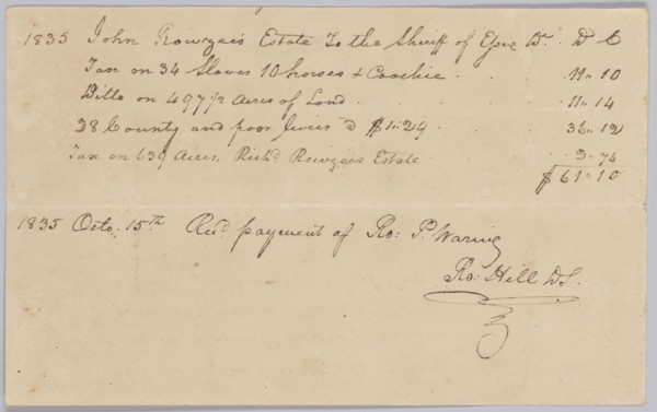 Record of taxes on property, including enslaved persons, owned by John Rouzee, October 15, 1835. Creator: Unknown.