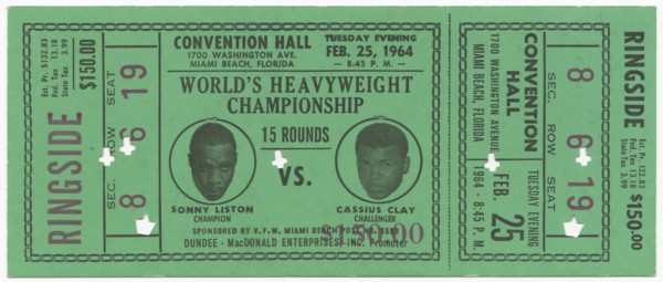 Ticket for World Heavyweight Championship fight of Sonny Liston vs. Cassius Clay, Feburary 25, 1964. Creator: Unknown.