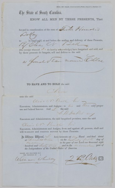Bill of Sale for Chloe from Z. B. Oakes to Elias N. Ball, October 25, 1862. Creator: Walker, Evans & Co.