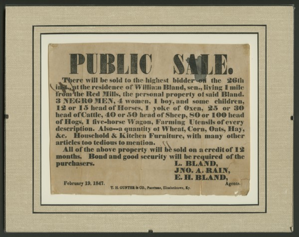 Broadside for the sale of enslaved persons and other property of William Bland, 1847. Creator: Unknown.