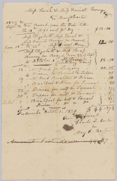 Invoice and receipt for room and board of Sarah and Harriet Rouzee and "servant", October 1829. Creator: Unknown.