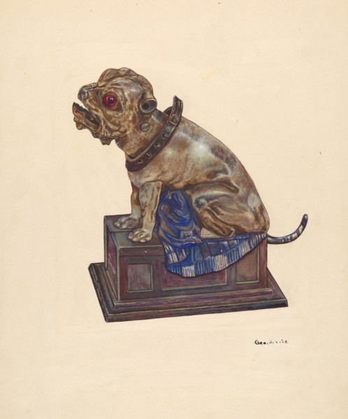 Bull Dog Bank, c. 1937. Creator: George File.