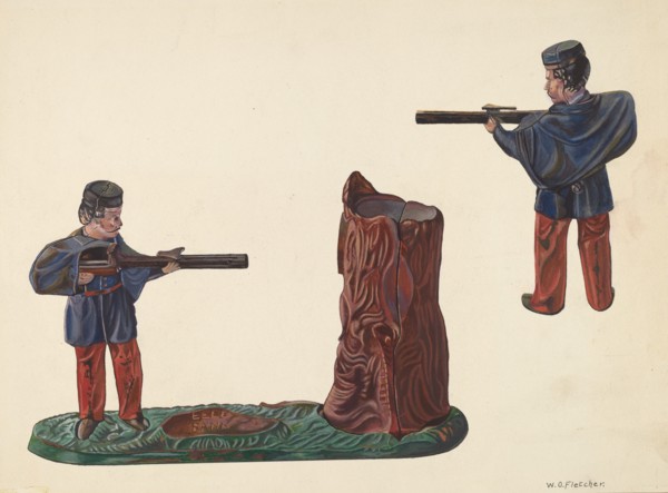 Civil War Soldier & Tree Trunk Bank, c. 1937. Creator: William O. Fletcher.