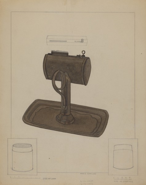 Lamp and Tallow Strainer, c. 1936. Creator: Marie Famularo.