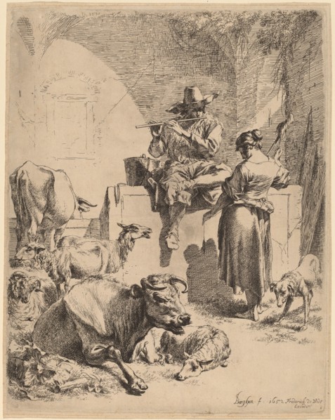 The Shepherd Seated on a Fountain and the Spinner, 1652. Creator: Nicolaes Berchem.