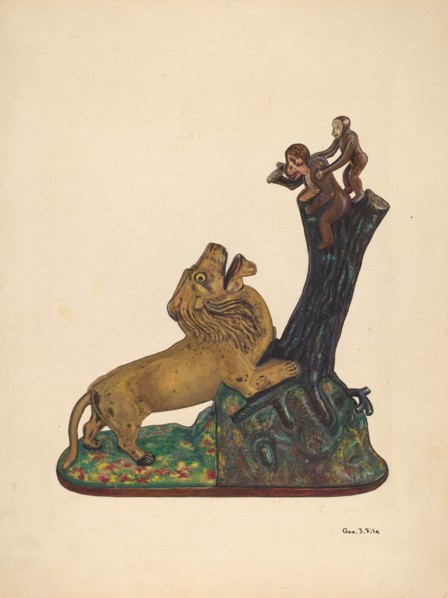 Toy Bank: Monkey and Lion, c. 1937. Creator: George File.