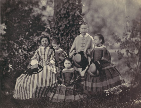 [Seated Lady in Striped Dress with Four Little Girls], 1850s-60s. Creator: Franz Antoine.