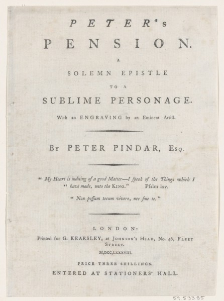 Title page, from Peter's Pension by Peter Pindar, Esq., 1787. Creator: George Kearsley.