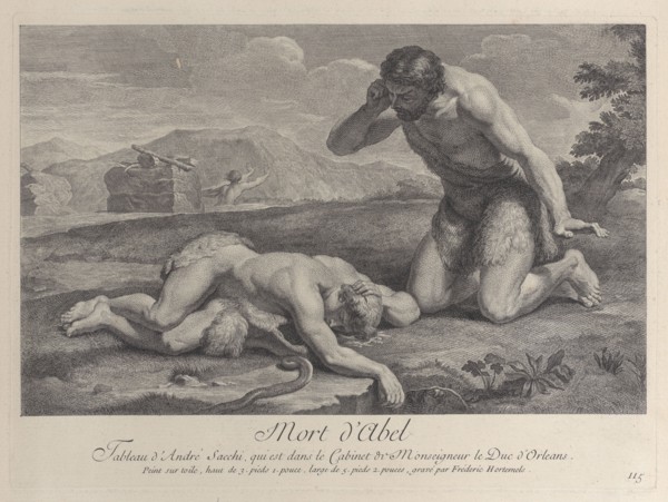 Adam kneels in grief beside the body of Abel, while Cain flees in the background, ca. ..., ca. 1729. Creator: Frédéric Horthemels.
