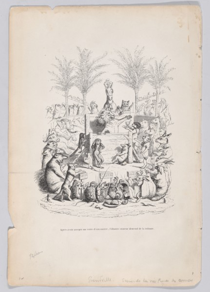 After accepting a glass of sweet water, the illustrious orator descends from the pl..., ca. 1837-47. Creator: Jean Ignace Isidore Gerard.