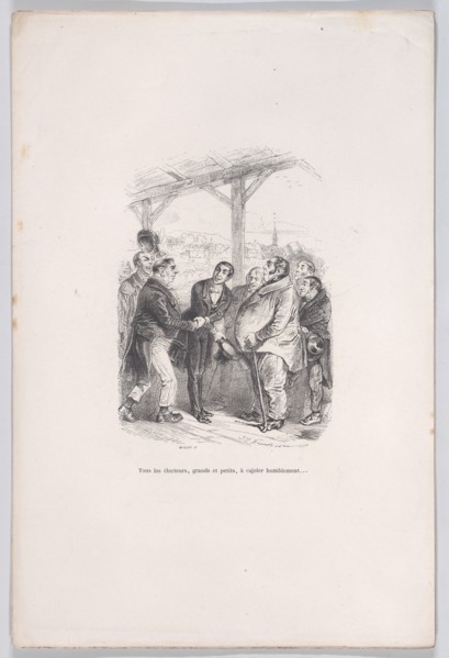 All voters, big and small, gather to humbly coax each other... from the Little Miseries of..., 1843. Creator: Jean Ignace Isidore Gerard.