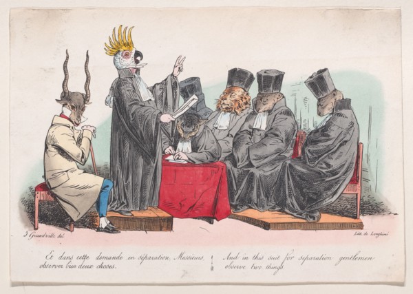 And in this suit for seperation, gentlemen, observe two things from Metamorphoses of the D..., 1829. Creator: Pierre Langlumé.
