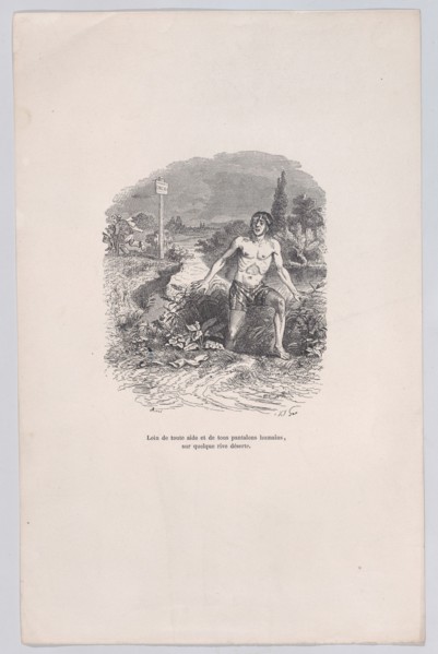Away from all help and without pants, on some deserted shore from the Little Miseries of H..., 1843. Creator: Jean Ignace Isidore Gerard.