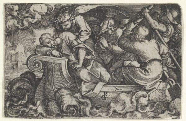 Christ Sleeping During the Storm on Lake Tiberias, from The Story of Christ, 1534-35. Creator: Georg Pencz.