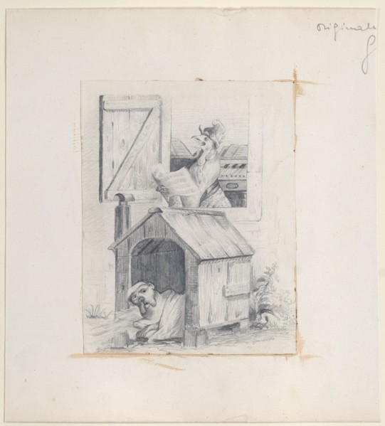 Dog in doghouse; cock singing at window, ca. 1842. Creator: Jean Ignace Isidore Gerard.