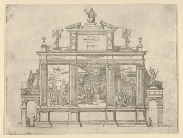 Facade of a triumphal monument with three scenes depicting deeds of Pope Clement VIII, a t..., 1598. Creator: Guido Reni.