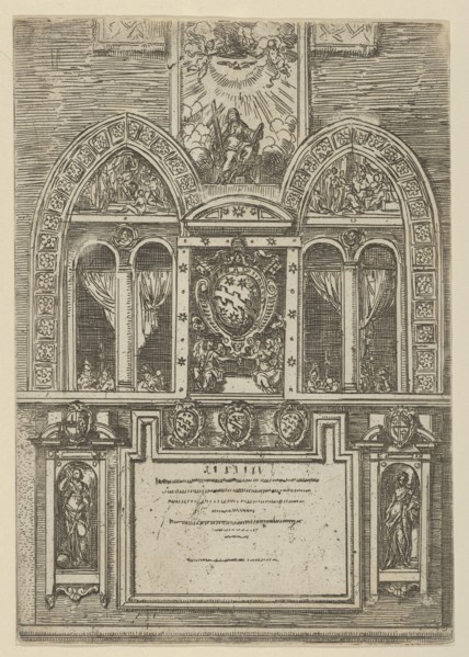 Facade of the Palazzo del Senato in Bologna with the Papal arms at center, with temporary ..., 1598. Creator: Guido Reni.