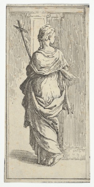 Girl carrying a crucifix and stepping toward a pilaster, seen from behind, ca. 15..., ca. 1590-1600. Creator: Guido Reni.