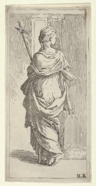 Girl carrying a crucifix and stepping toward a pilaster, seen from behind, ca. 1590-1600. Creator: Guido Reni.