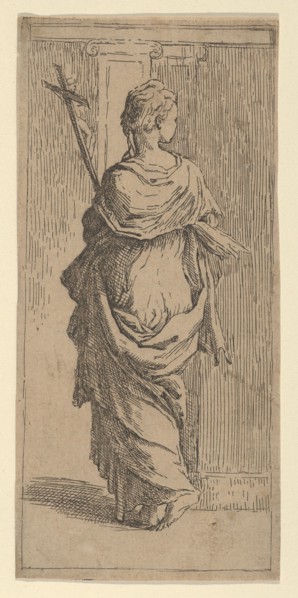 Girl carrying a crucifix and stepping toward a pilaster, seen from behind, ca. 1590-1600. Creator: Guido Reni.