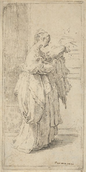 Girl carrying a cushion, seen in profile facing right, 1590-1690. Creator: Guido Reni.
