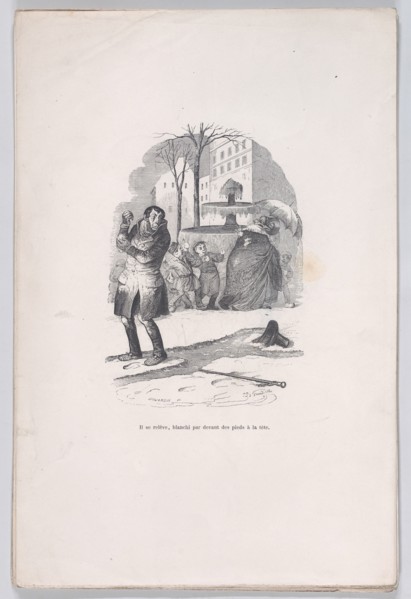 He gets up, covered from head to toe in snow. from the Little Miseries of Human Life, 1843. Creator: Jean Ignace Isidore Gerard.