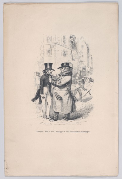 I tried to escape from this philological discussion. from the Little Miseries of Human Lif..., 1843. Creator: Jean Ignace Isidore Gerard.