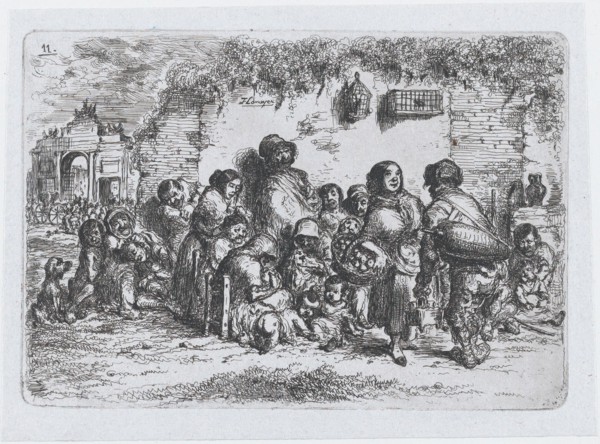 Plate 11: a group of people outdoors, from the series of customs and pastimes of the Spani..., 1850. Creator: Francisco Lameyer Berenguer.