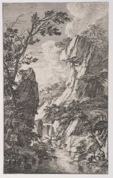 Plate 4: two fishermen on the bank of a stream at right, a waterfall at center, fro..., ca. 1700-25. Creator: Franz Joachim Beich.