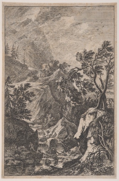 Plate 6: two male figures standing on a rock at right, a waterfall at center with a..., ca. 1700-25. Creator: Franz Joachim Beich.