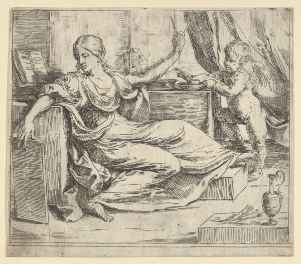 Seated woman holding a tablet and compass (allegory of learning), a winged putto ..., ca. 1600-1640. Creator: Guido Reni.