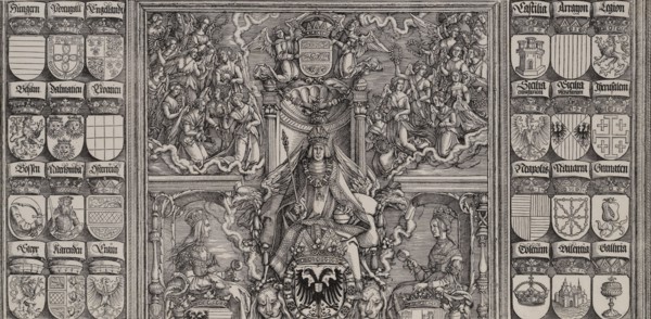 The Emperor Seated on His Throne, Seated Between Joanna of Castile and Mary of Burgundy, A..., 1515. Creator: Hans Springinklee.