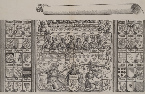The Lower Portion of the Genealogy of Maximilian; with the Left Edge of the Scroll for the..., 1515. Creator: Hans Springinklee.