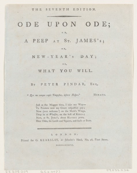Title Page, from Ode Upon Ode by Peter Pindar, 1787. Creator: George Kearsley.