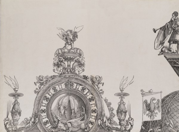 The Pinnacle of the Left Portal; and a Trumpeter and Standard from the Cupola of the Centr..., 1515. Creator: Hans Springinklee.