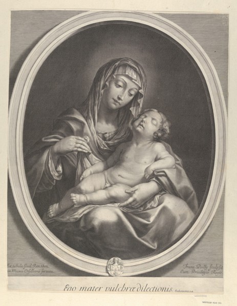 The Virgin seated with the infant Christ sleeping in her lap, in an oval frame, aft..., ca. 1655-70. Creator: François de Poilly.