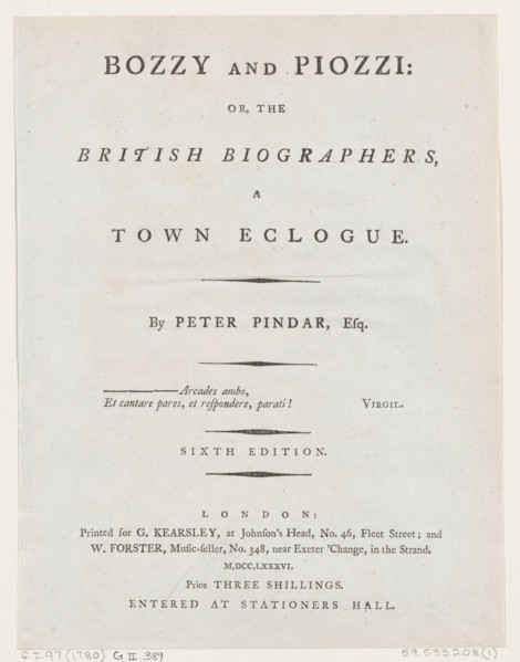 Title Page, from Bozzy and Piozzi by Peter Pindar, Esq., 1787. Creator: George Kearsley.
